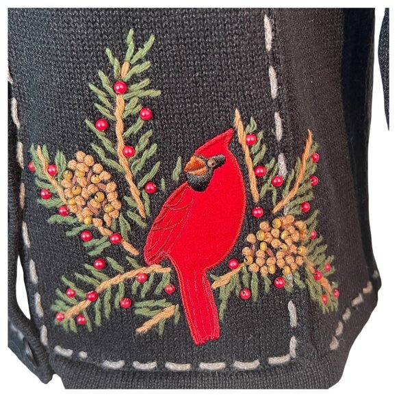Womens Timberlea Embroidered Black Cardigan Sweater Red Cardinals Size Small VTG - Picture 7 of 9